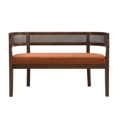 Fabric Upholstered Loveseat with Rattan Backrest & Rubberwood Frame