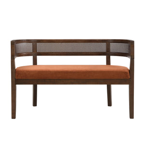 Fabric Upholstered Loveseat with Rattan Backrest & Rubberwood Frame