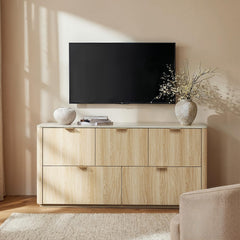 5-Drawer Wide Dresser with Faux Travertine Top