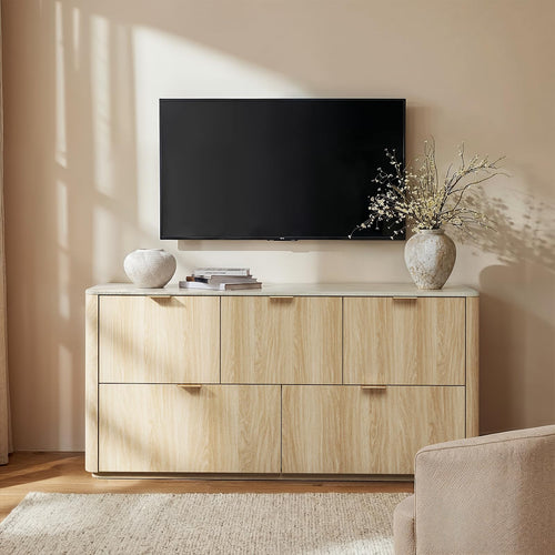 5-Drawer Wide Dresser with Faux Travertine Top