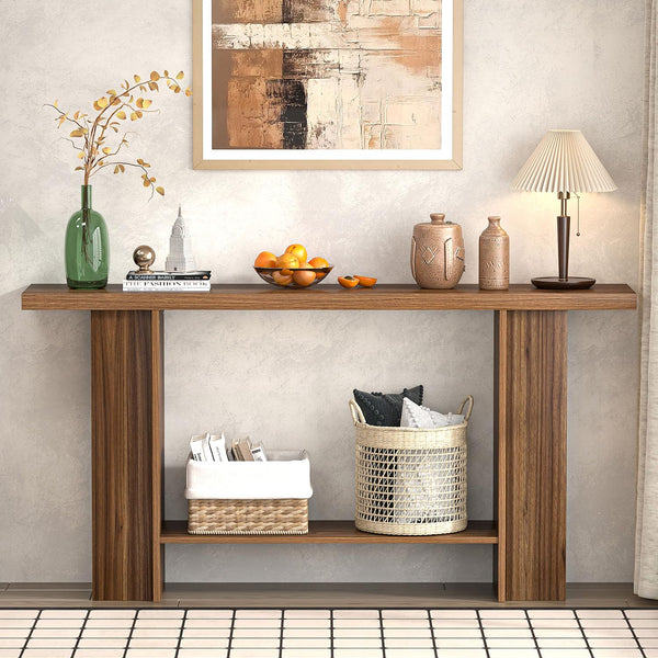 2-Tier Console Table with Side Storage Shelves, 53 Inch