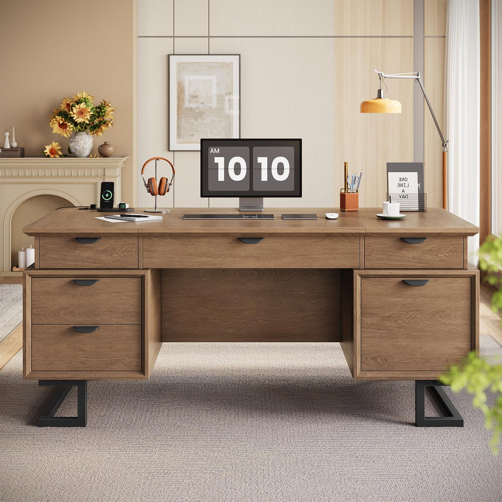 63 Inch Executive Desk with Charging Station, 6 Drawers, File Drawer & Keyboard Tray