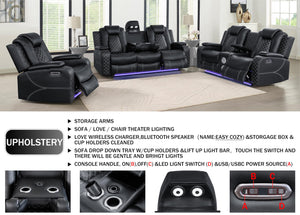 3-Piece Power Recliner Sofa Set with LED & Bluetooth