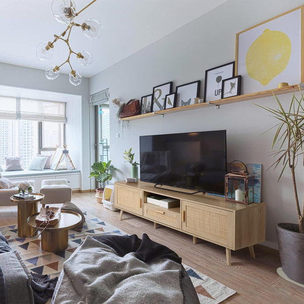 59-Inch Boho Rattan TV Stand with Storage