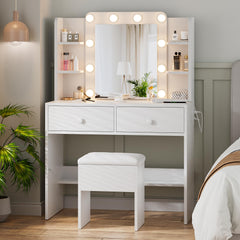 White Vanity Desk with Mirror and Lights
