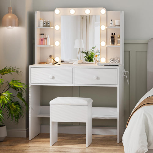 White Vanity Desk with Mirror and Lights
