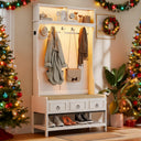 Farmhouse Hall Tree with LED Lights, Cushioned Bench & Shoe Storage
