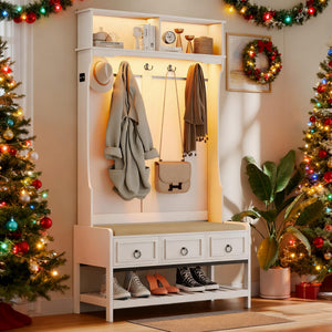 Farmhouse Hall Tree with LED Lights, Cushioned Bench & Shoe Storage