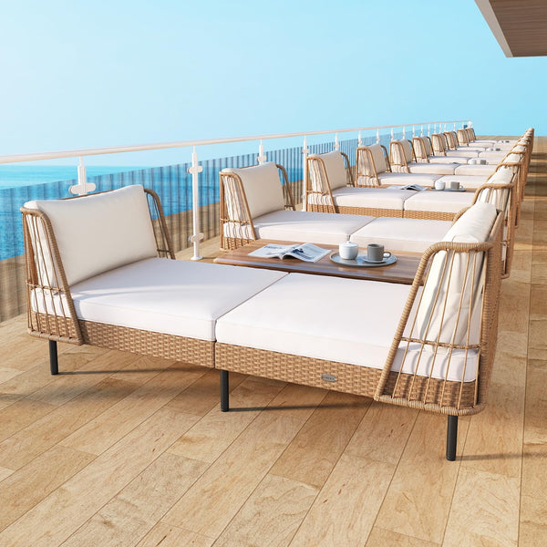 Outdoor PE Rattan Daybed Loveseat with Cushions & Metal Legs