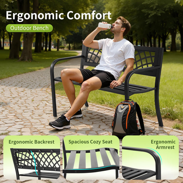 Metal Outdoor Garden Bench with Grid Pattern Backrest