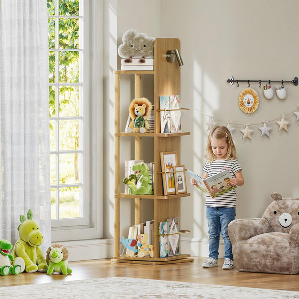 4-Tier Rotating Bookshelf Tower with Light