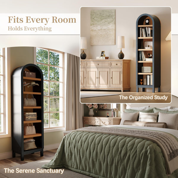 69" Tall Skinny Bookshelf with Arched Top & Adjustable Shelves