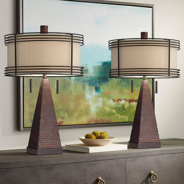 Industrial Farmhouse Table Lamps Set of 2 with USB Port & Pull Chain