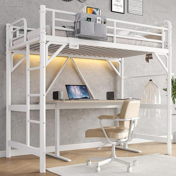 Twin Loft Bed with LED Lights & Charging Station