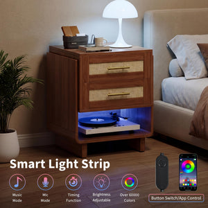 Farmhouse Nightstand with Charging Station & LED Light