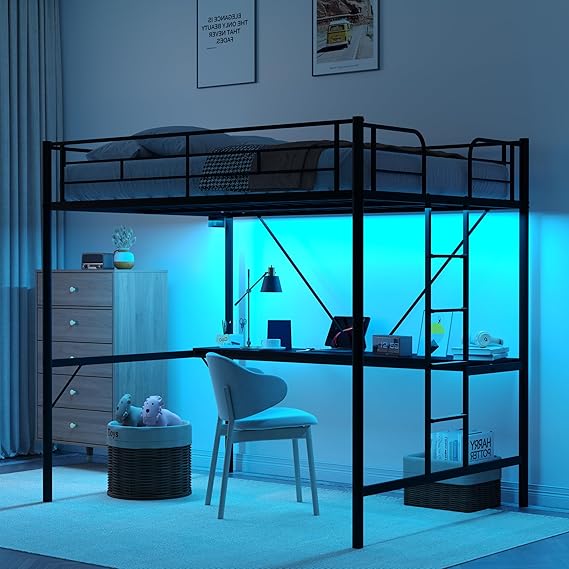 Metal Loft Bed with Desk, LED Lights & Charging Stations