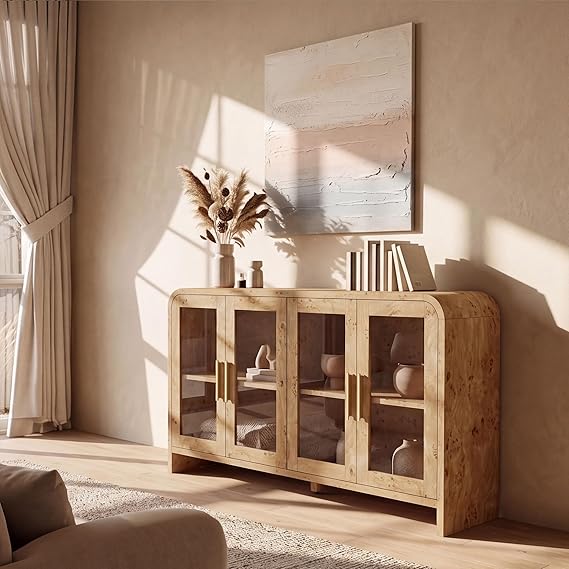 4-Door Glass Buffet Cabinet with Adjustable Shelves