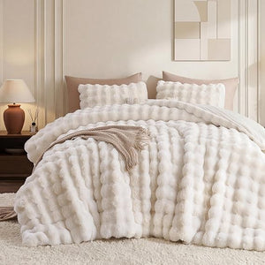 Faux Rabbit Fur Bubble Comforter Set with Pillowcases