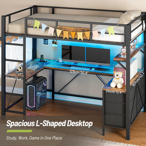 Twin Loft Bed with L-Shaped Desk, LED Lights & Storage