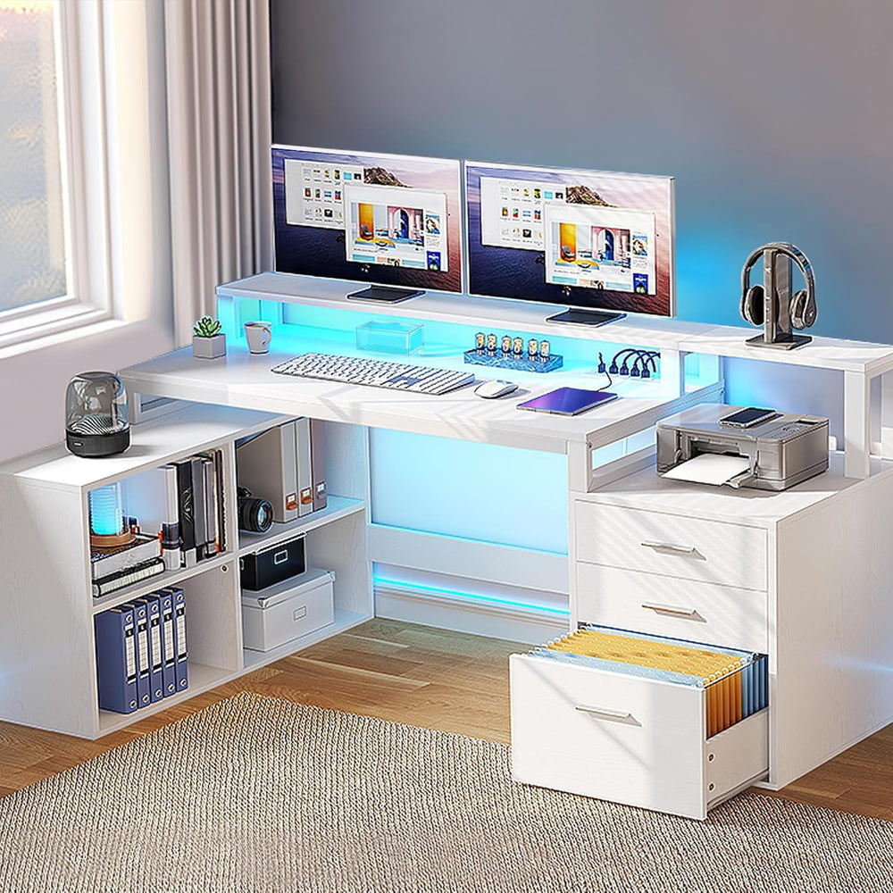L-Shaped Computer Desk with Drawers, Power Outlets & LED Lights