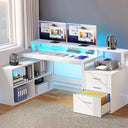 L-Shaped Computer Desk with Drawers, Power Outlets & LED Lights