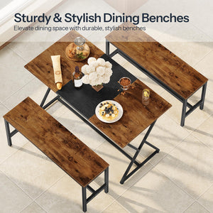Industrial Dining Bench Set of 2 — Rustic Brown & Black