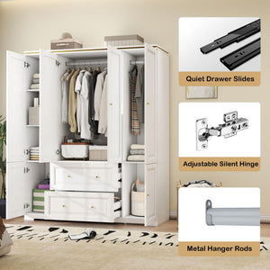 White Wardrobe Armoire with 4 Doors, Hanging Rod & 2 Drawers