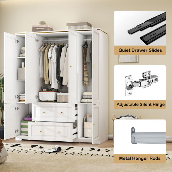 White Wardrobe Armoire with 4 Doors, Hanging Rod & 2 Drawers