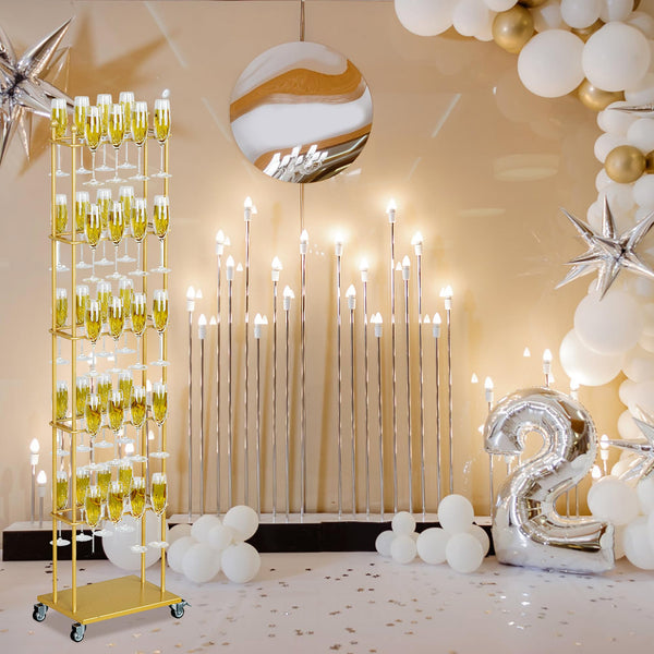 5-Tier Floor Standing Champagne Glass Rack with Wheels – 40-Glass Gold Metal Stand
