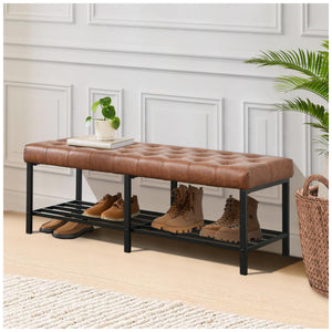 Tufted Faux Leather Storage Bench with Metal Frame