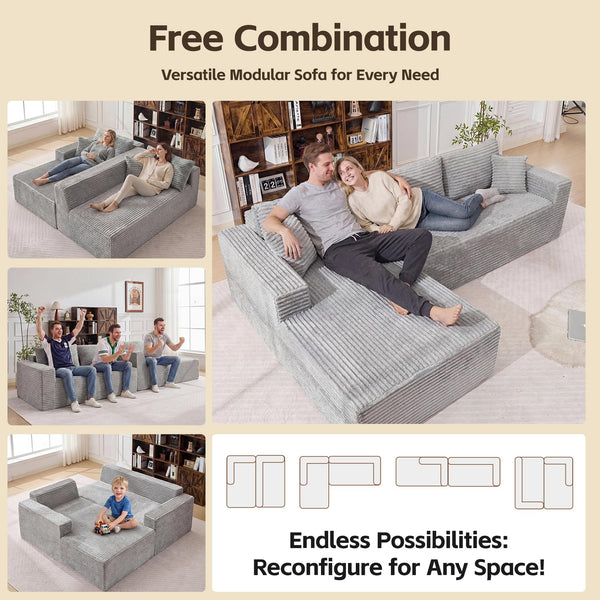 Grey Modular Sectional Sofa – L-Shape Cloud Couch with Oversized Chaise