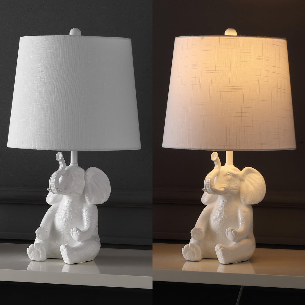 Elephant Kids Table Lamp with Phone Stand – Linen Shade, LED Bulb Included