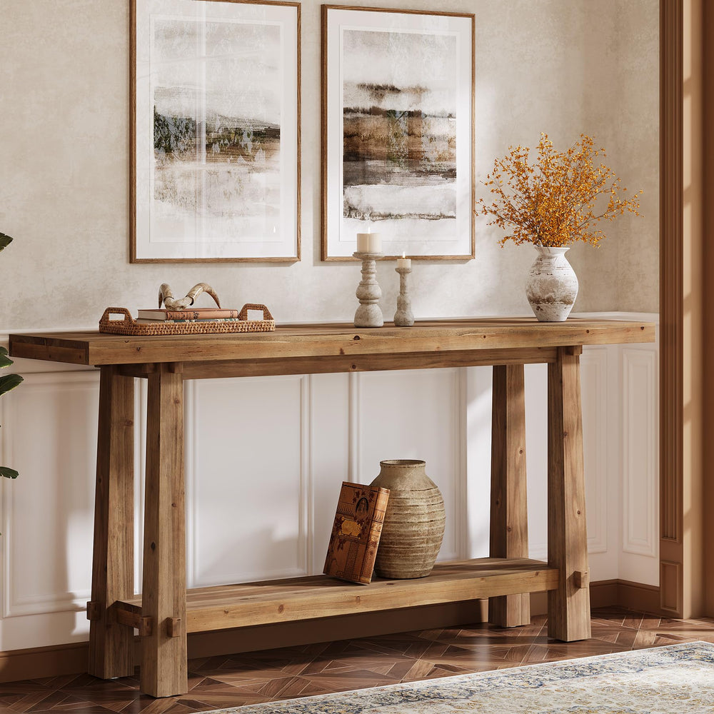 63" Farmhouse 2-Tier Solid Wood Console Table