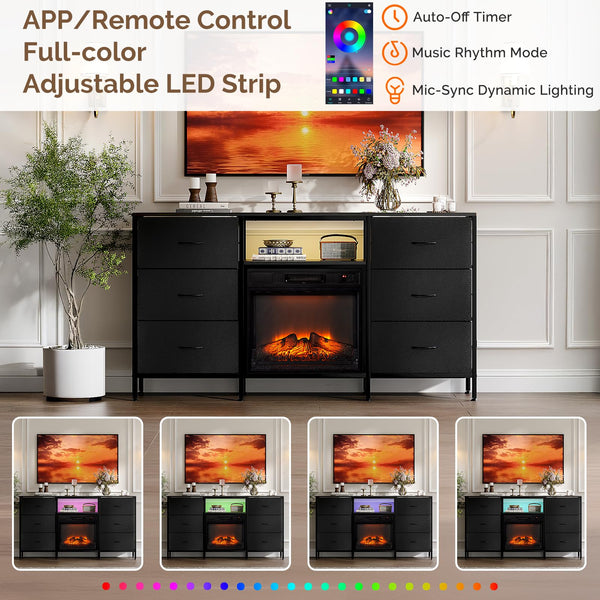 58" Electric Fireplace TV Stand with Fabric Drawers & RGB LED Lights