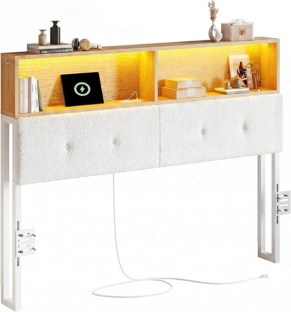 Queen Upholstered Headboard with Storage, LED Light & Charging Station