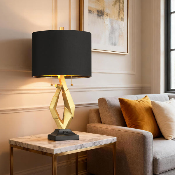Gold & Black Sculptural Table Lamps Set of 2 with USB Ports