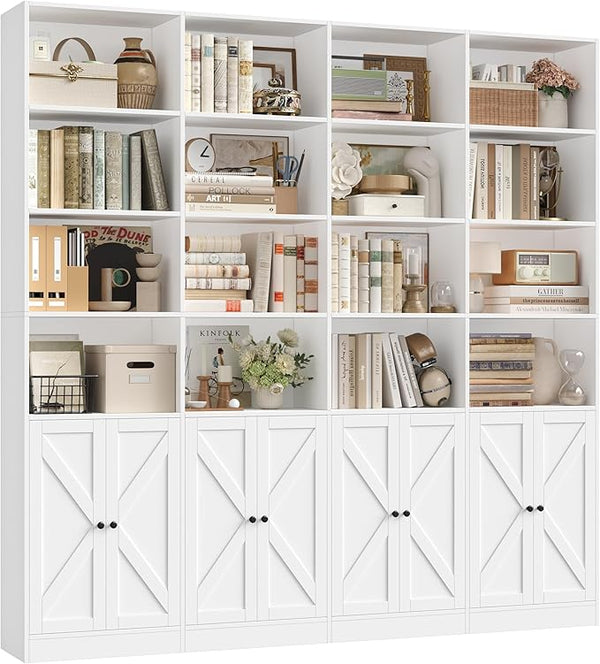 6-Tier Farmhouse Bookshelf with 8 Doors, 74.1" Wide
