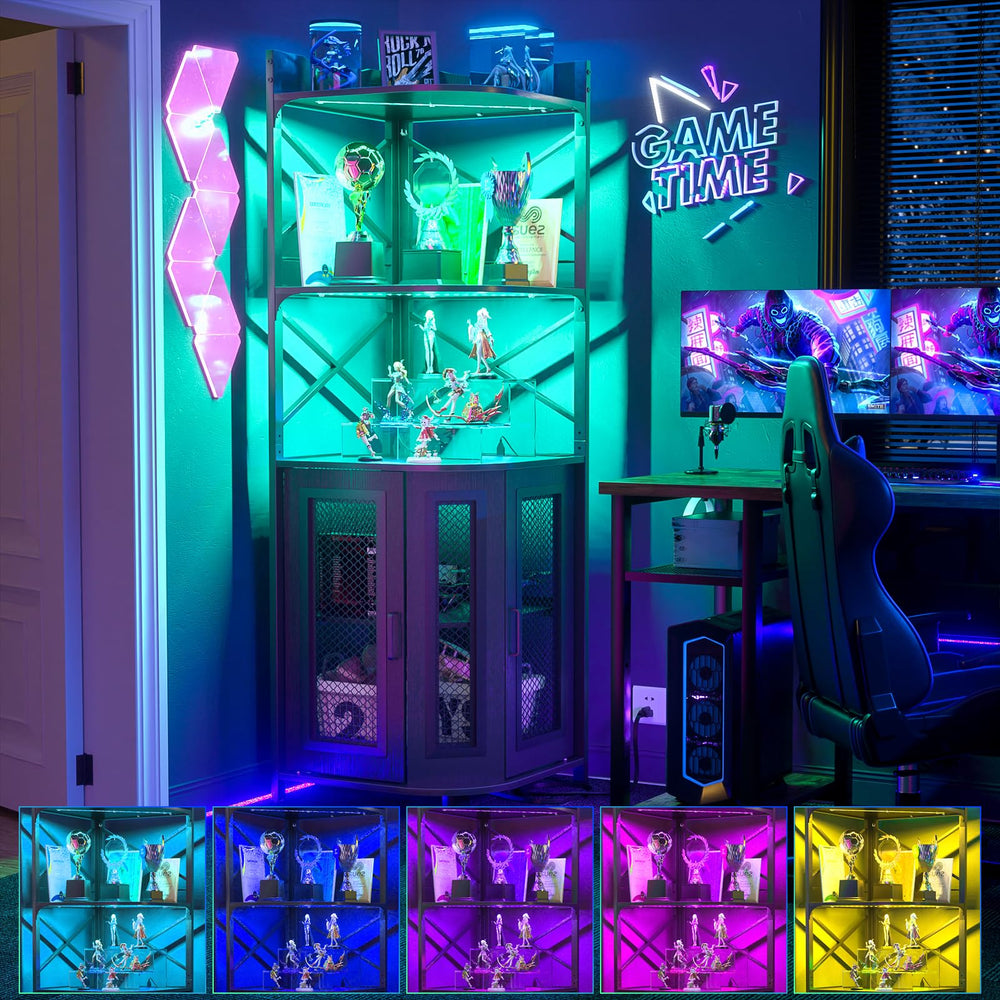 Corner Bar Cabinet with Power Outlet & LED Lights – 5-Tier Wine & Liquor Storage