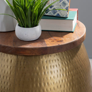 Hammered Metal Storage Drum Side Table with Wood Top