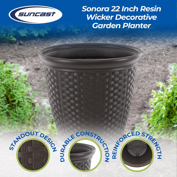 Wicker Round Planter Pot — 22" Resin, Indoor & Outdoor, Drainage Hole