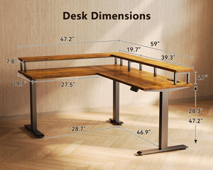 L-Shaped Electric Standing Desk 59 Inch with Monitor Shelf & Power Outlets