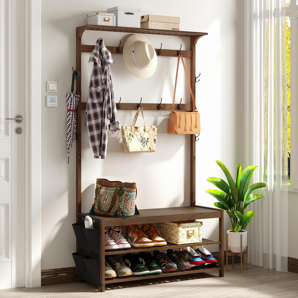 Bamboo Hall Tree with Bench, Shoe Storage & 14 Coat Hooks