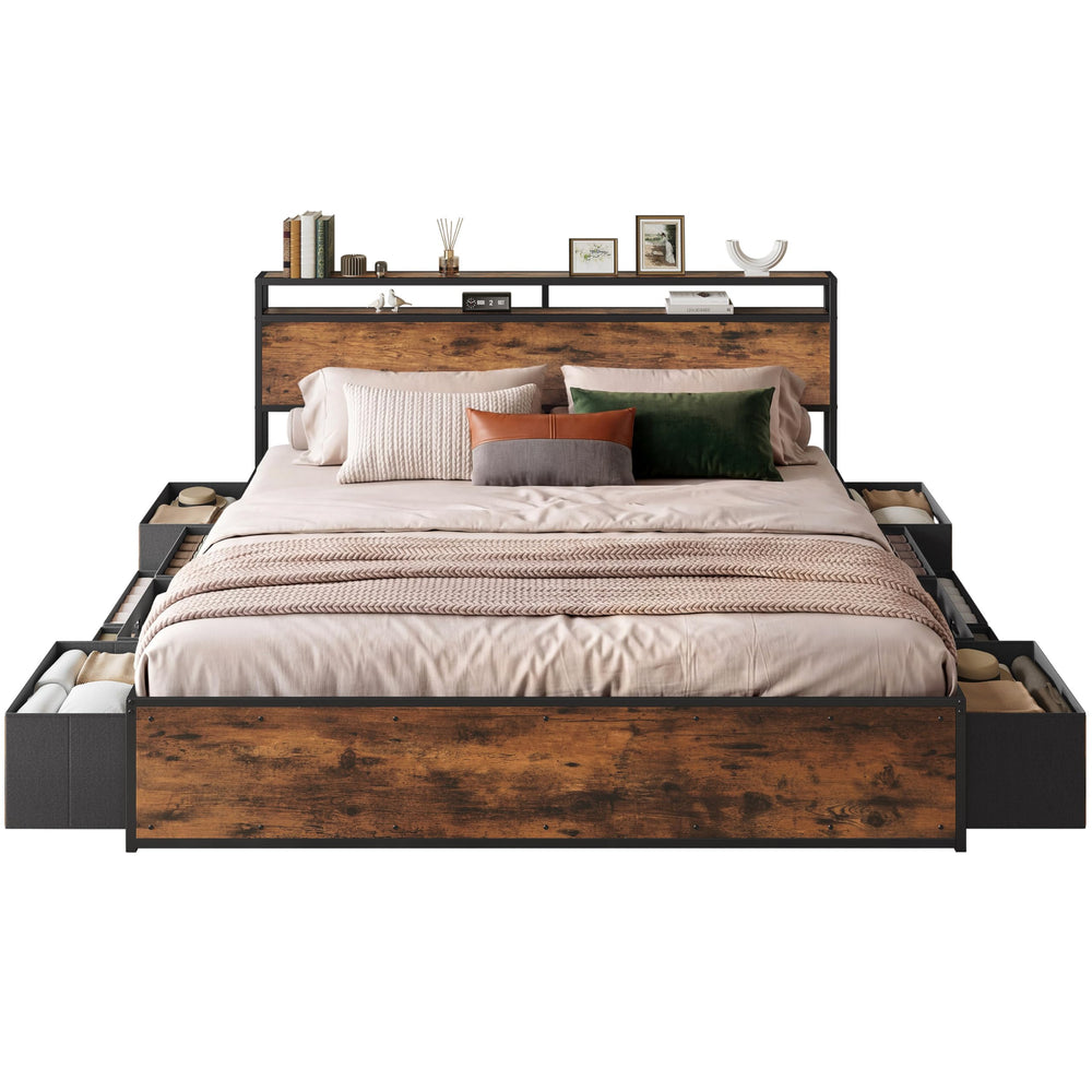 King & Queen Platform Bed Frame with 12 Storage Drawers & Headboard