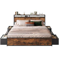 King & Queen Platform Bed Frame with 12 Storage Drawers & Headboard