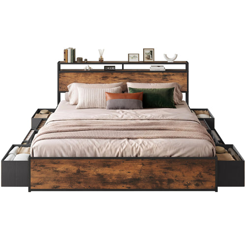 King & Queen Platform Bed Frame with 12 Storage Drawers & Headboard
