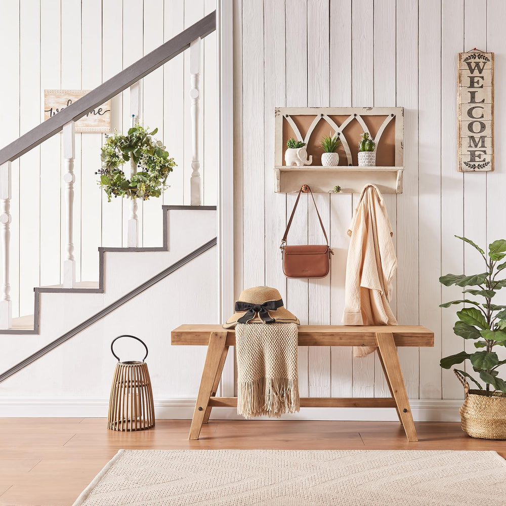 Solid Wood Farmhouse Entryway Bench – 43.3" Rustic Dining Bench with Angled Legs