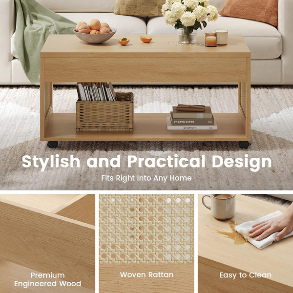 Lift-Top Coffee Table with Rattan Accents & Storage