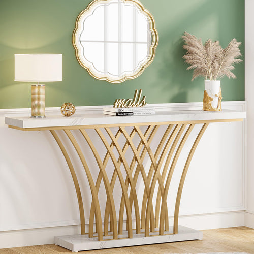 59-Inch Gold Console Table – White Faux Marble & Metal Base