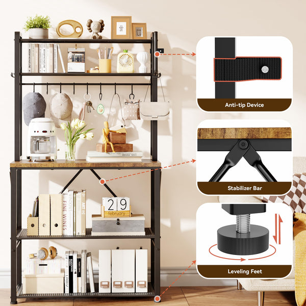 5-Tier Kitchen Baker's Rack with Storage, S-Hooks & Paper Towel Holder – Rustic Brown