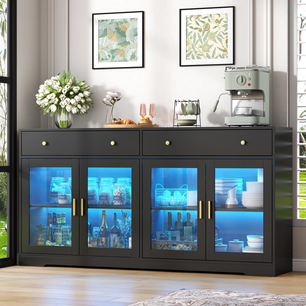 55" Sideboard Buffet Cabinet with LED Lights & Glass Doors